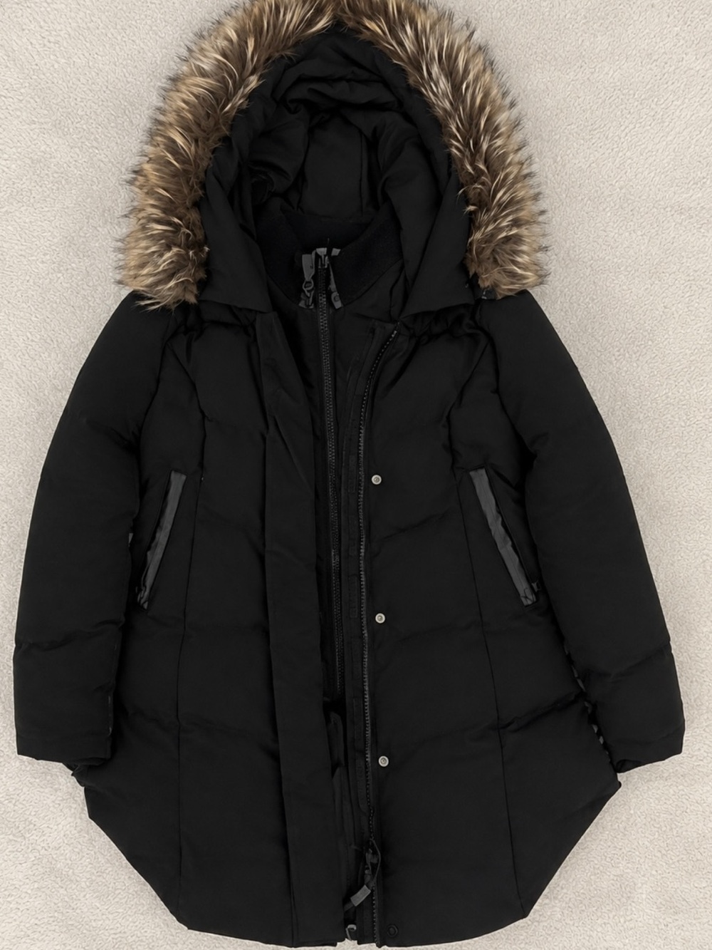 Long Black Puffer Coat with Faux-Fur Hood